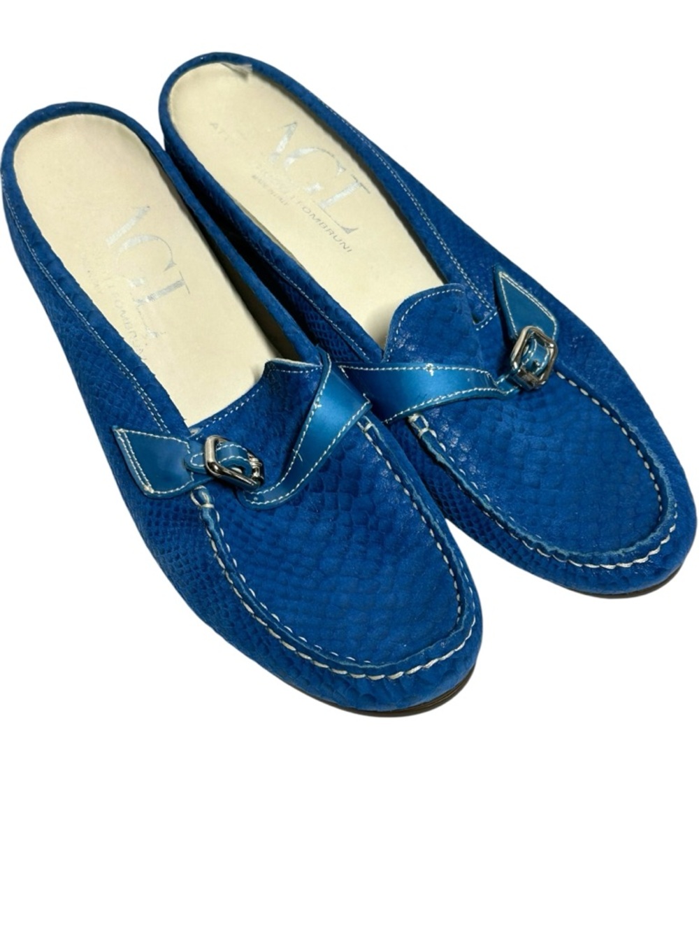 AGL Cobalt Blue Leather Slip On Mules Flats Women's EU 39 US 8.5 Buckle NWOT